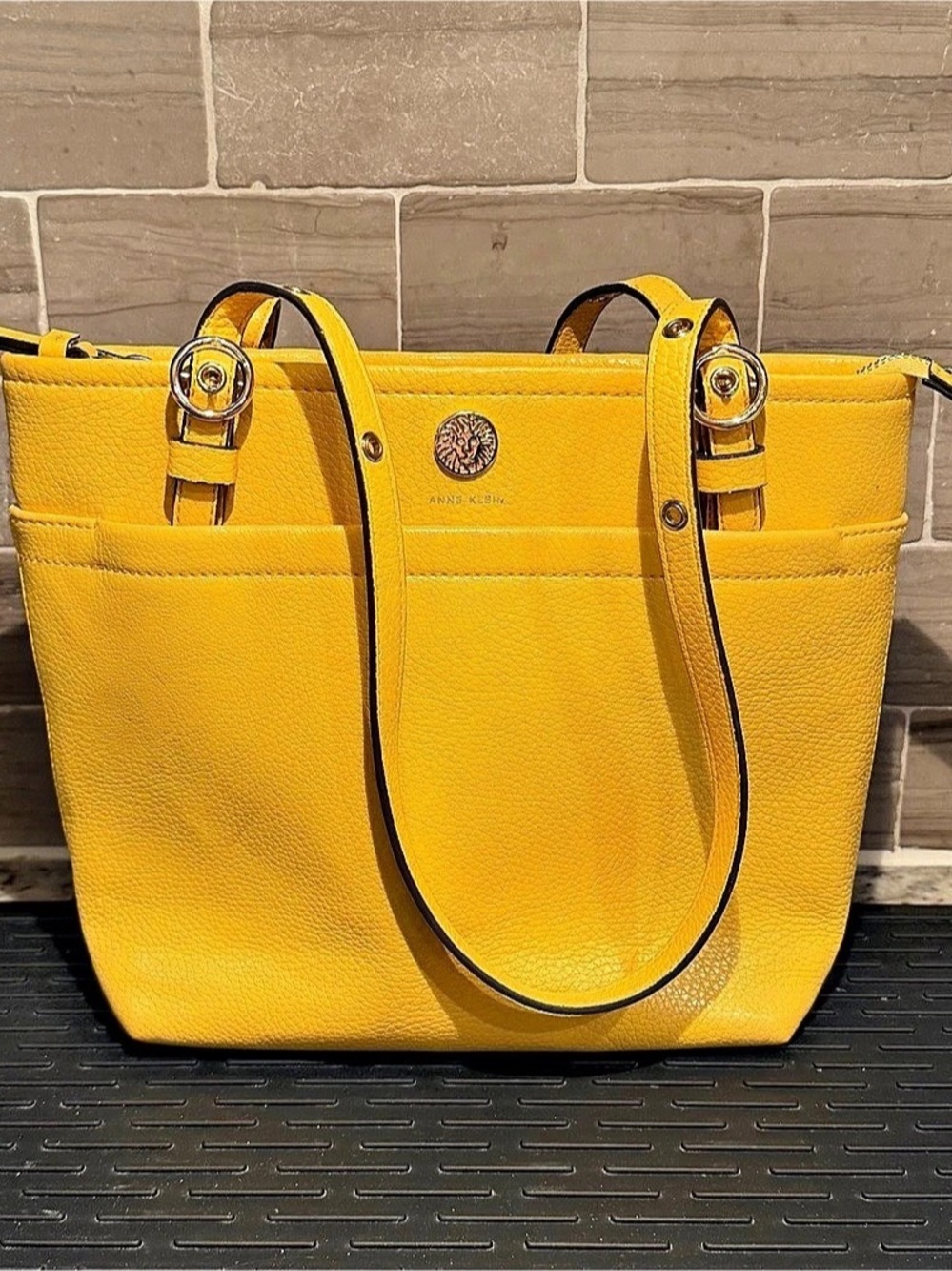 Anne Klein Pocket Tote Harvest Yellow Shoulder Bag Pebbled Gold Purse Handbag
